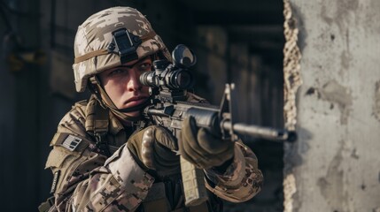 Fototapeta premium A determined soldier clad in military camouflage grips his rifle tightly, ready to defend his squad with precision and skill in the heat of combat