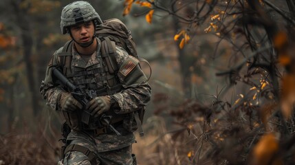 Obraz premium A determined military soldier in camouflage uniform, armed with a gun, stands ready for action in the outdoor battlefield with his squad of infantry troops