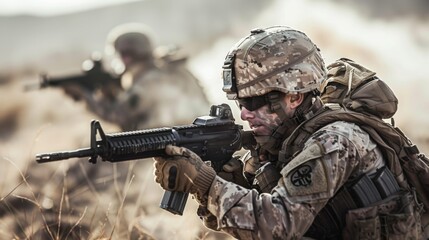 Fototapeta premium A fierce soldier stands ready with his military-issued rifle, donning camouflage attire and a ballistic vest, prepared for combat in the midst of an outdoor battlefield