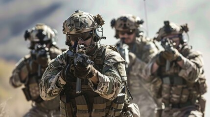 An elite squad of military soldiers, clad in camouflage and armed with rifles and machine guns, stands ready for combat in the great outdoors