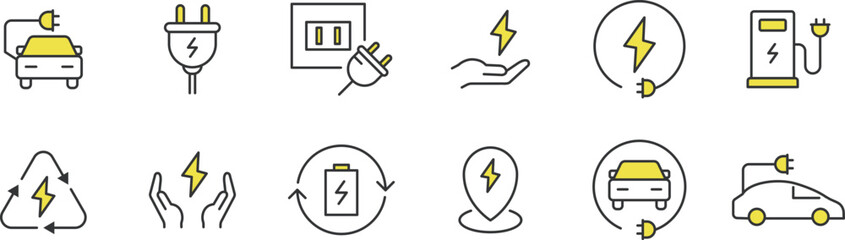 電気とエコカーに関するカラーの線画アイコンセット