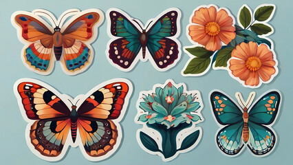 Butterflies and flowers sticker set. Vector illustration 