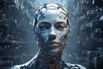 face of female android bio robot, close portrait, concept of cybernetics and biomechanics and robotics of future