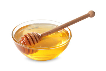 Tasty honey in bowl and dipper isolated on white