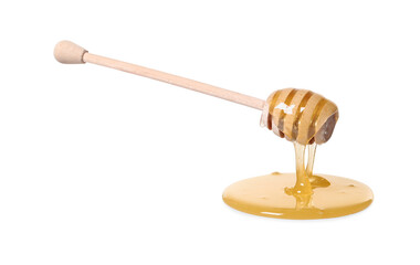 Natural honey dripping from dipper on white background