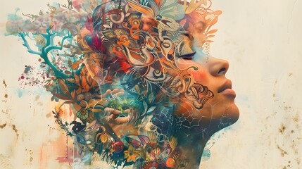 abstract artwork: portrait of beautiful woman with coloful, flowery hair, vibrant blossom tribal art wallpaper beauty