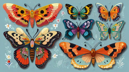 Butterflies and flowers on blue background. Vector cartoon illustration.