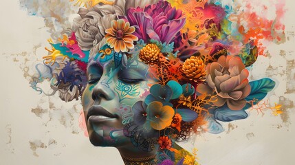 abstract artwork: portrait of a woman with coloful, flowery hair