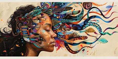 abstract artwork: portrait of beautiful african woman with coloful, wavy tribal art hair, various vibrant motives fish feathers art wallpaper beauty