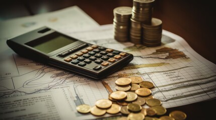 Financial report diagram calculating using calculator, with gold coins and file paper.