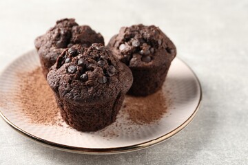 Delicious chocolate muffins and cacao powder on light grey table, closeup. Space for text