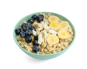 Tasty oatmeal with banana, blueberries and coconut flakes in bowl isolated on white