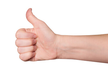 Women's hand making thumbs up sign. Gesture isolated on transparent background, png