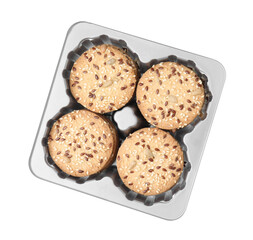 Cereal crackers with flax, sunflower and sesame seeds isolated on white, top view