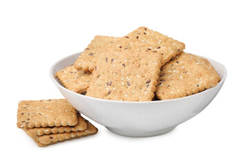 Cereal crackers with flax and sesame seeds in bowl isolated on white