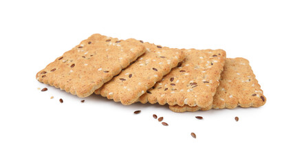 Cereal crackers with flax and sesame seeds isolated on white