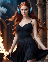 A woman in a black dress and headphones is standing in front of a fire, showcasing a fashionable outfit with eyecatching details like the neckline, sleeves, and waist