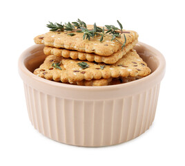 Cereal crackers with flax, sesame seeds and thyme in bowl isolated on white
