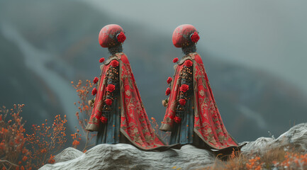 Two modern robot women dressed in red folkloric long dresses on a mountain cliff, in the style of Zen Buddhism