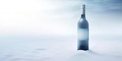 Wine bottle in a white desert sand. White mist around. Serene landscape. Generative AI