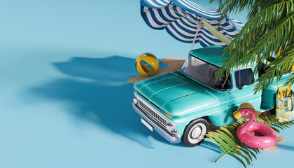 Summer travel concept. Turquoise blue old truck with luggage and summer accessory on blue...