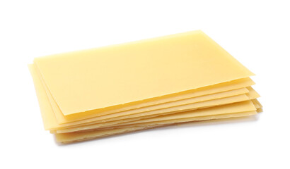 Stack of uncooked lasagna sheets isolated on white