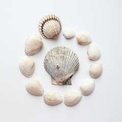 Flat lay still life seashell composition containing species of Cardiidae family on white background