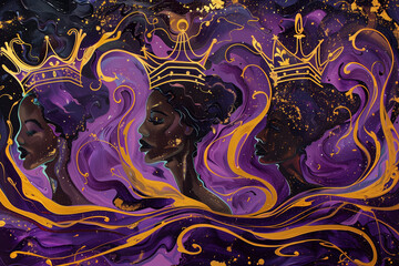 Abstract fluid art with the shape of an African woman. Deep purple, symbolizing royalty and wisdom, forms the base, adorned with swirling accents of gold and melanin tones. legacy of Black history.