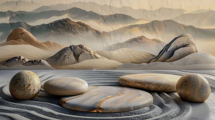 Fototapeten Mystical Desert Zen Stones with Sand Ripples and Mountain Mist © TechnoMango