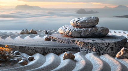 Zen Stones on Circular Sand Waves Overlooking Misty Mountain Sunrise