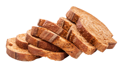 Round bread rusks pile, whole wheat toast slices isolated on transparent background