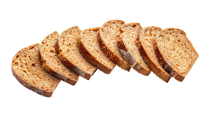 Round bread rusks pile, whole wheat toast slices isolated on transparent background
