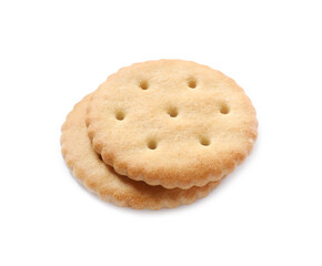 Two crispy crackers isolated on white. Delicious snack