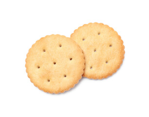 Two crispy crackers isolated on white, top view. Delicious snack