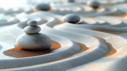 Fotobehang Calm Zen Stones on Swirling Sand Patterns with Warm Sunlight © TechnoMango