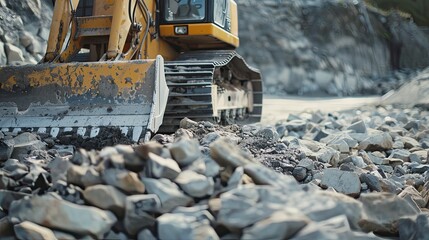 Fototapeta premium Yellow Bulldozer on Rocky Road