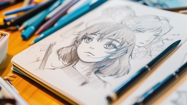 Sketchbook with anime character drawings