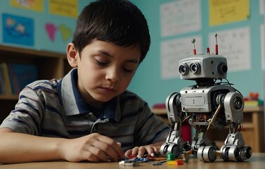 Boy Assembling Robot in Classroom