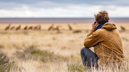 Naklejka na ściany i meble Man using binoculars to watch distant giraffes on savanna