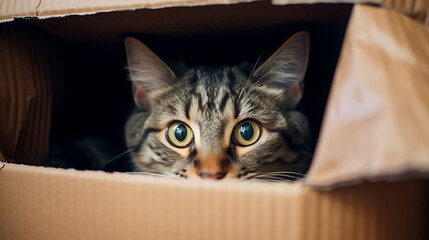 A cat in a cardboard box.