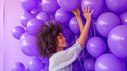 Fototapeta na wymiar Young girl with curly hair playing with purple balloons