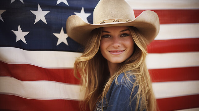Young woman in a cowboy hat against the background of the American flag. USA Independence Day, July 4th. Patiotic Holiday