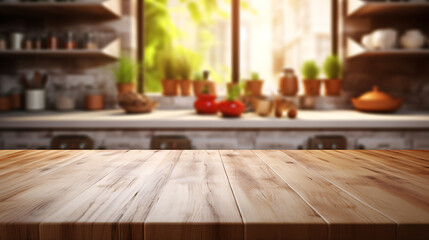 Wooden texture table top on blurred kitchen window background. Studio photo for product display or...