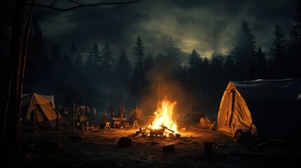 Camping tent in the campground at night with campfire. Outdoor adventure activity.
