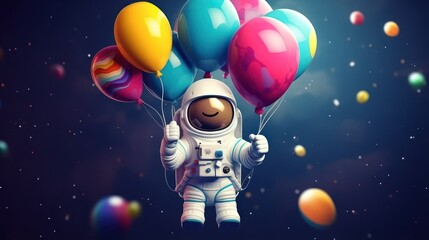 Children's cartoon astronaut themed birthday greeting card illustration design. Copy space text template.	