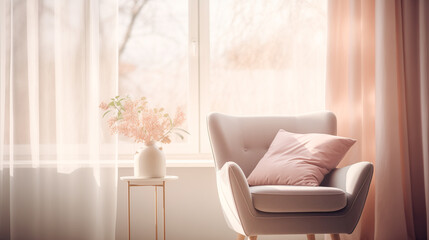 Elegant interior with a comfortable armchair and soft pillow by the sunny window