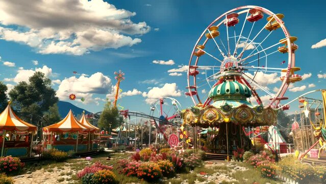 carnival view landscape with Ferris wheel, Carousel play place for family video looping background 4k