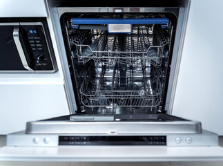 The white kitchen and opened dishwasher with clean dishes