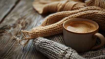 cozy cup of coffee and warm scarf on wooden deck surface, winter autumn moment at home