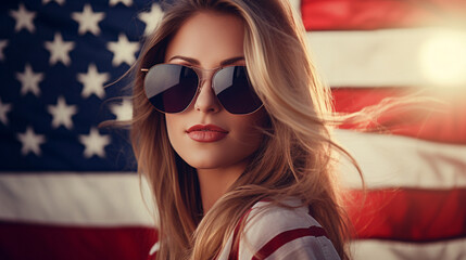Young woman against the background of the American flag. USA Independence Day, July 4th. Patiotic Holiday
